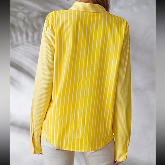 Classic Top Blouse Button Down Shirt Yellow White - Picture 2 of 10